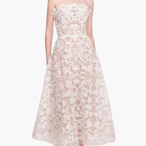 Marchesa Notte Strapless Corded Midi Dress, Ivory, Size 2, NWT